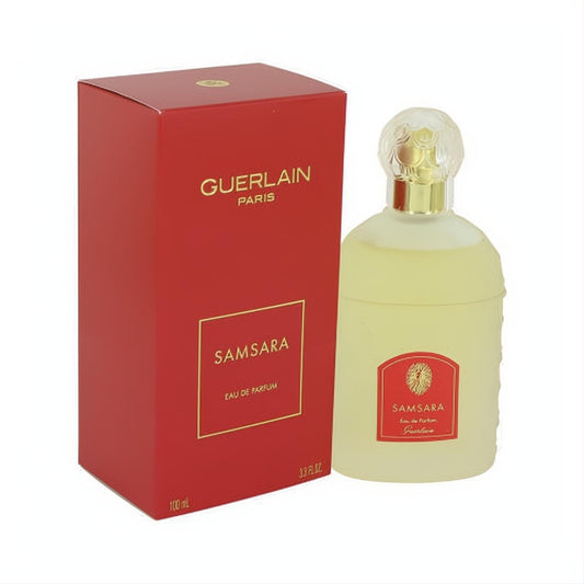 Guerlain Samsara 3.4 oz Eau de Parfum. Elegant red box and classic glass bottle with gold details, unique floral cap.