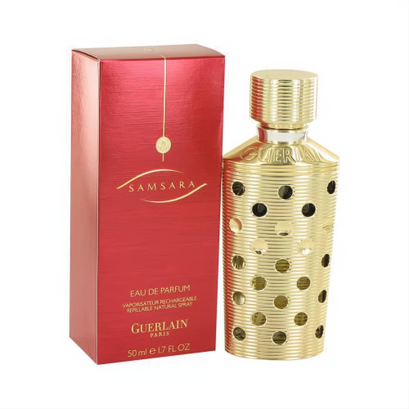 Luxurious Guerlain Samsara 1.7 oz EDP. Gold textured refillable spray bottle with circular details and elegant red packaging.