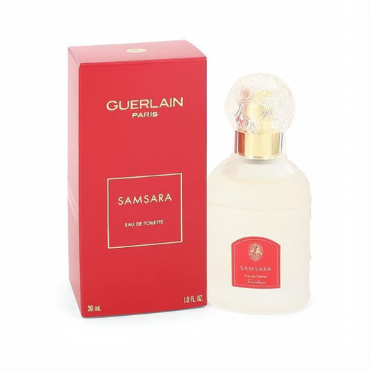 Guerlain SAMSARA 1 oz EDT perfume: elegant frosted bottle, sculpted gold cap, and vibrant red box.
