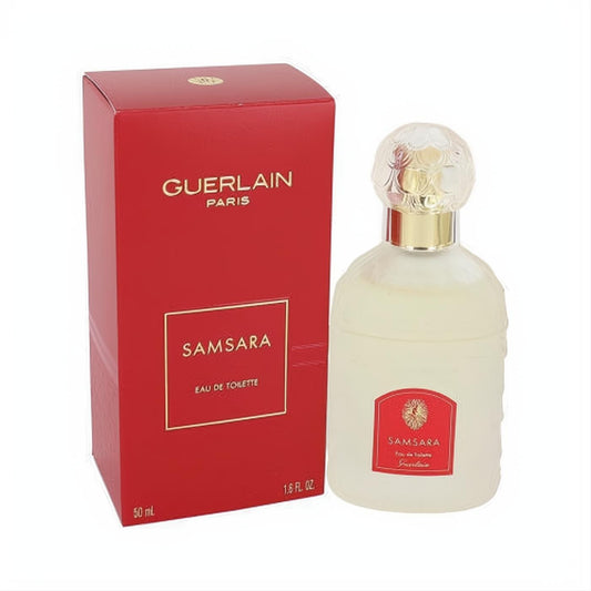 Luxurious SAMSARA by Guerlain 1.6 fl. oz. Eau De Toilette spray, featuring a clear bottle with a gold cap and vibrant red box.