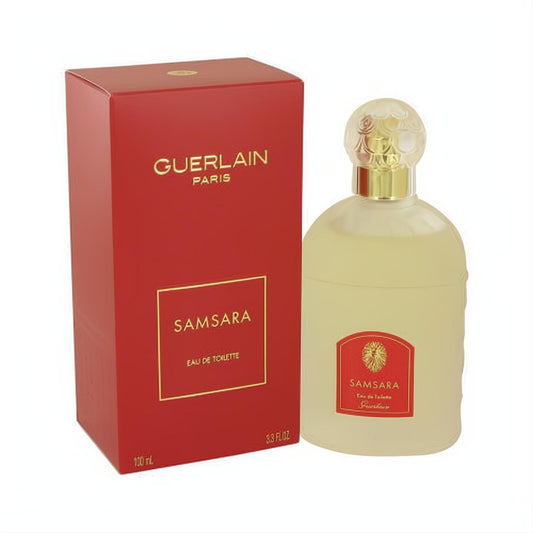 Guerlain SAMSARA 3.3 oz Eau de Toilette. Elegant frosted glass bottle with intricate gold cap and vibrant red box.