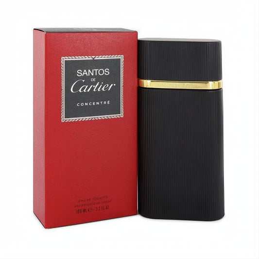 Santos de Cartier Concentree 3.4 oz EDT spray: elegant black ribbed bottle with a gold accent band, beside its vibrant red box.