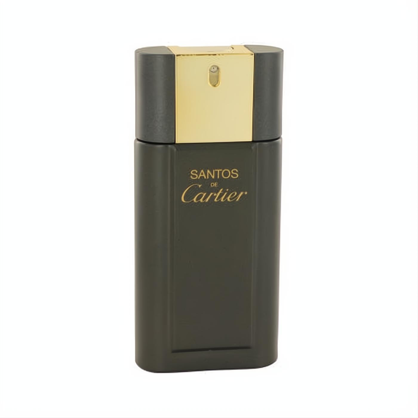 Sophisticated Santos de Cartier 3.4 oz EDT tester spray. Sleek dark grey bottle with elegant gold cap and branding.