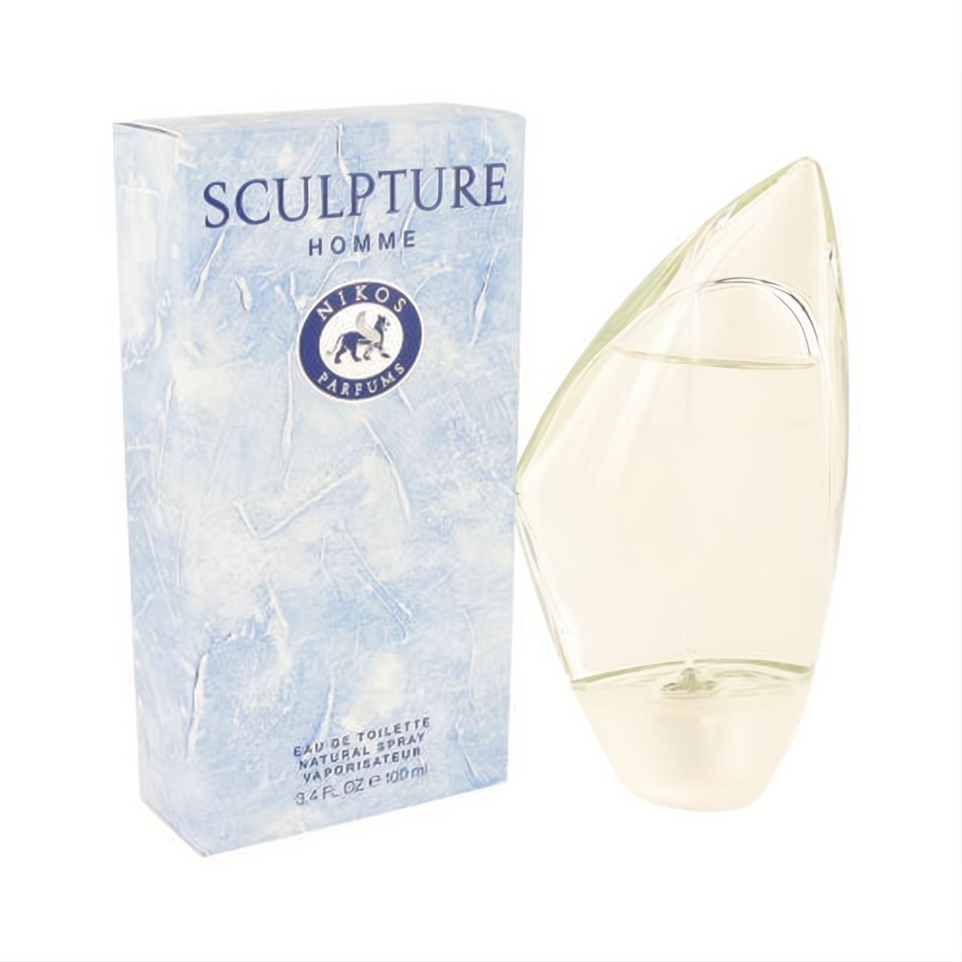 Nikos Sculpture Homme 3.4 oz EDT spray. Features an elegant clear glass, leaf-shaped bottle next to its textured icy blue box.
