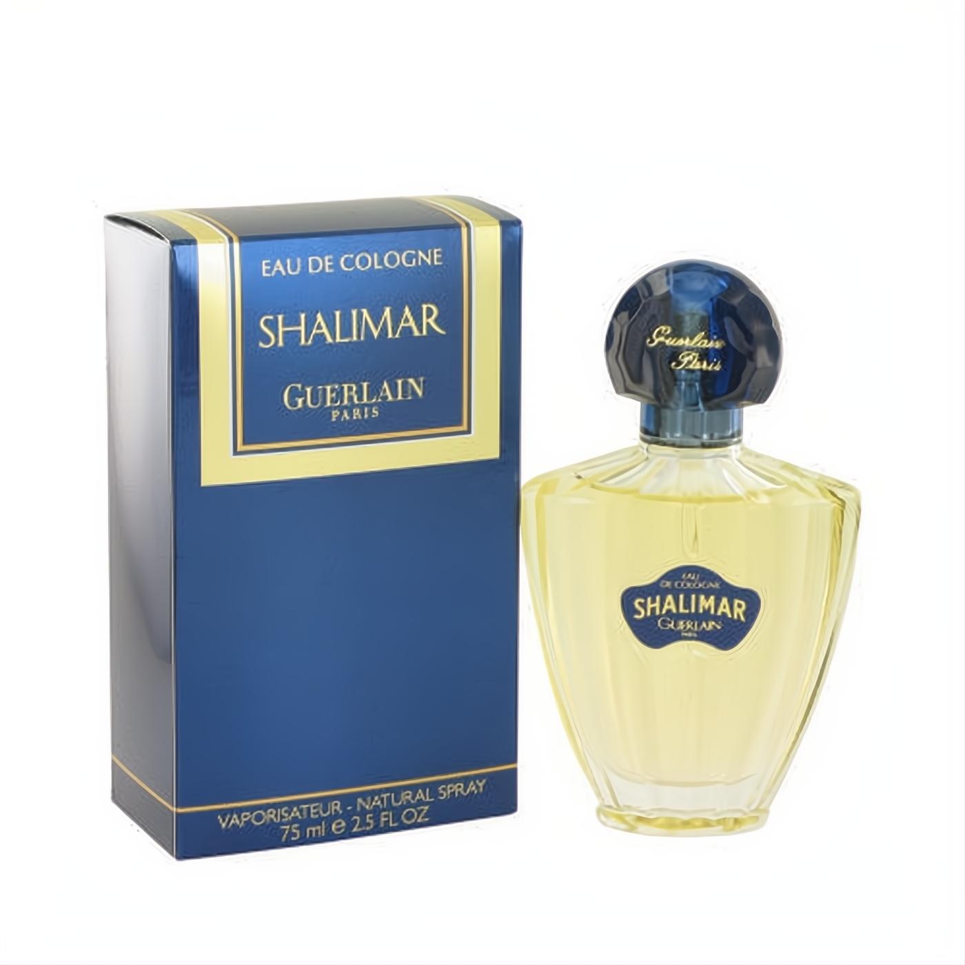 SHALIMAR Guerlain 2.5 oz Eau De Cologne spray bottle with golden liquid and iconic blue cap, beside its elegant blue and gold box.