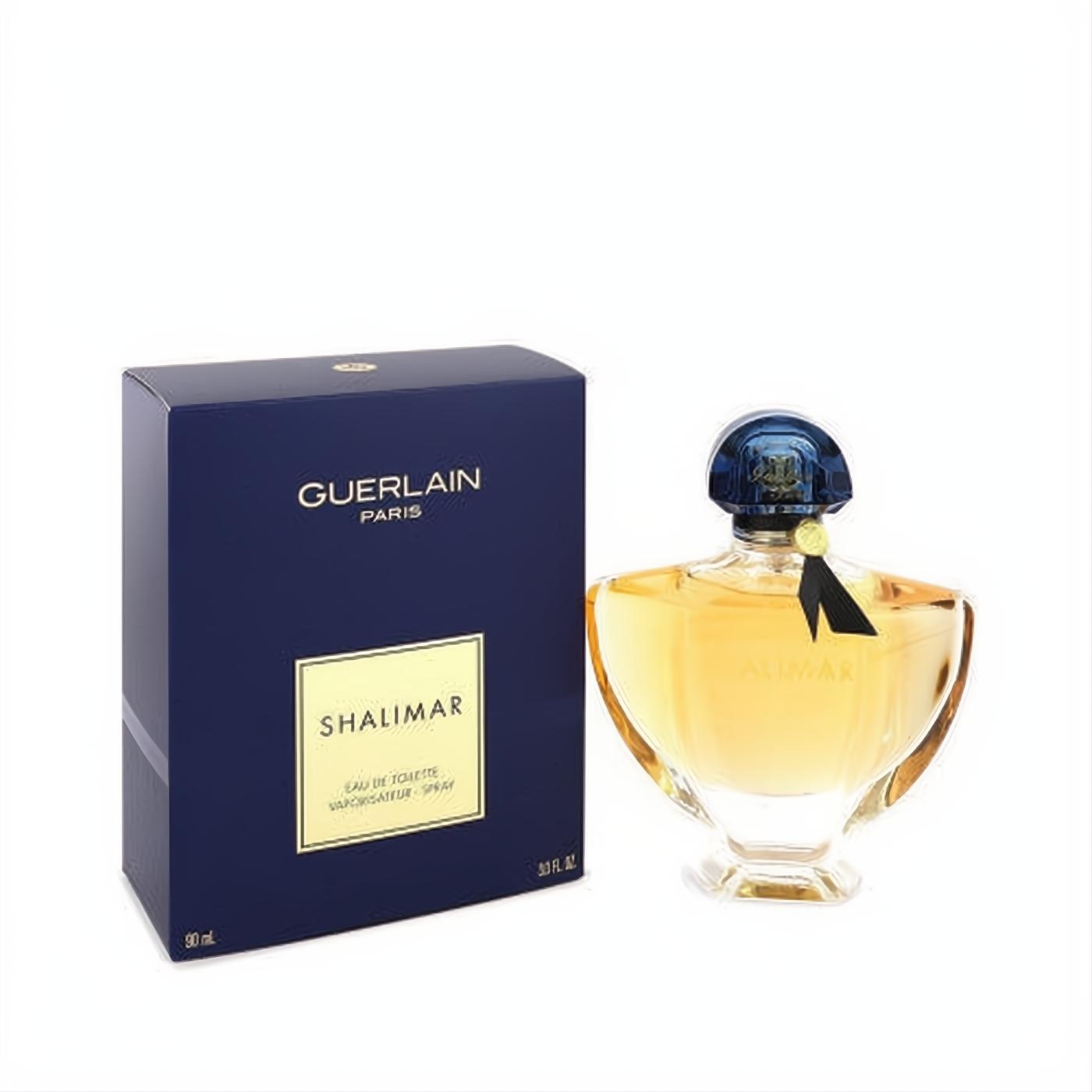 Guerlain Shalimar 3 oz EDT spray: elegant amber bottle, blue cap with ribbon, beside its classic navy box.