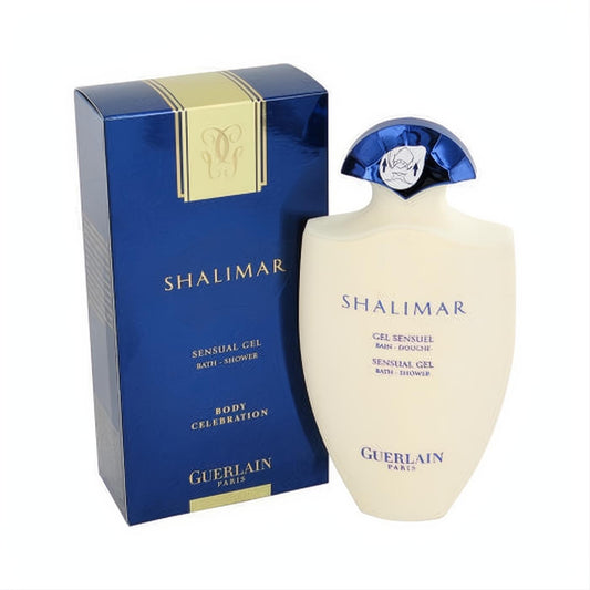 SHALIMAR by Guerlain Shower Gel, 6.8 oz, with elegant blue box and cream bottle, blue faceted cap.