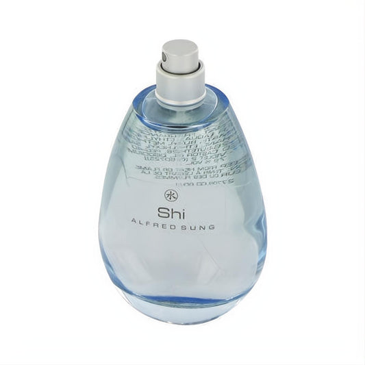 Shi by Alfred Sung 3.4 oz Eau De Parfum Tester. Elegant light blue teardrop glass fragrance bottle with silver spray.