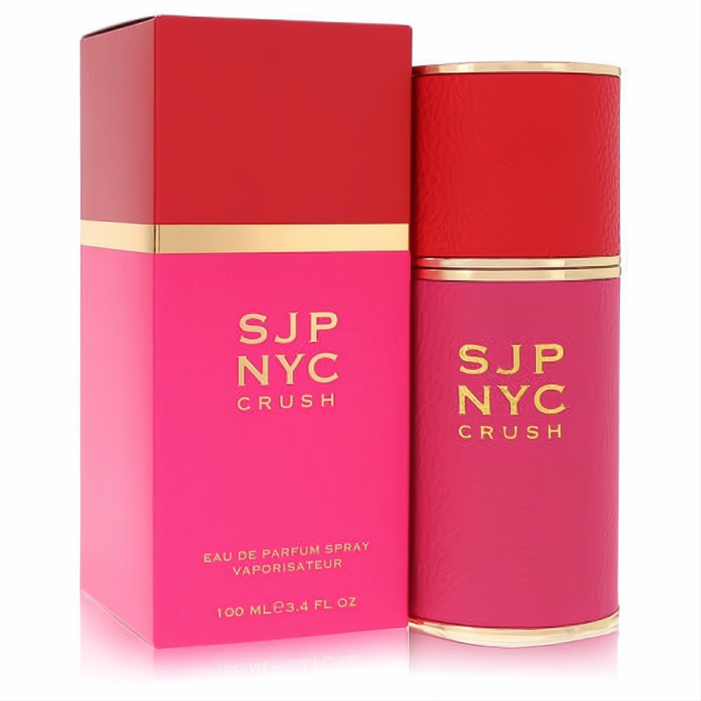 Vibrant SJP NYC Crush 3.4 oz Eau de Parfum spray and box, featuring a chic fuchsia bottle with a bold red cap and elegant gold trim.