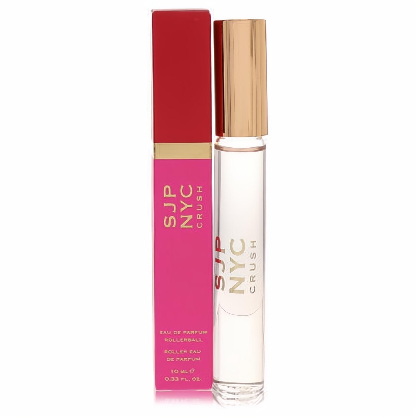 SJP NYC Crush 0.33 oz rollerball perfume. Elegant clear glass bottle with gold cap and vibrant pink box.