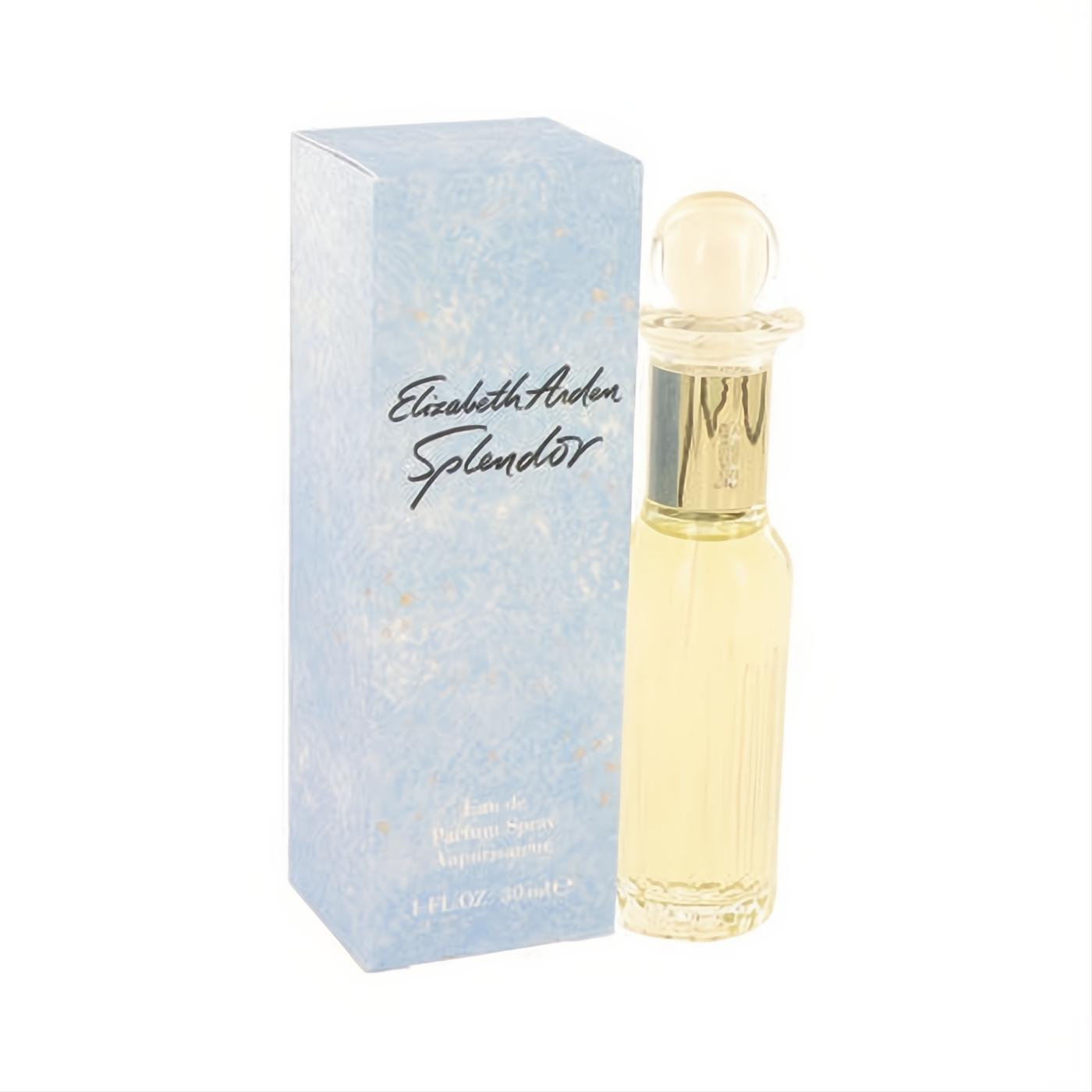 Elizabeth Arden Splendor 1 oz Eau de Parfum. Elegant clear ribbed glass bottle with golden liquid and round cap, next to its pale blue box.