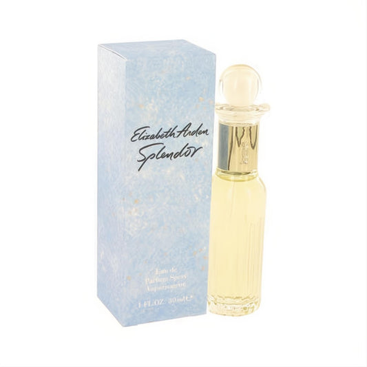 Elizabeth Arden Splendor 1 oz Eau de Parfum. Elegant clear ribbed glass bottle with golden liquid and round cap, next to its pale blue box.
