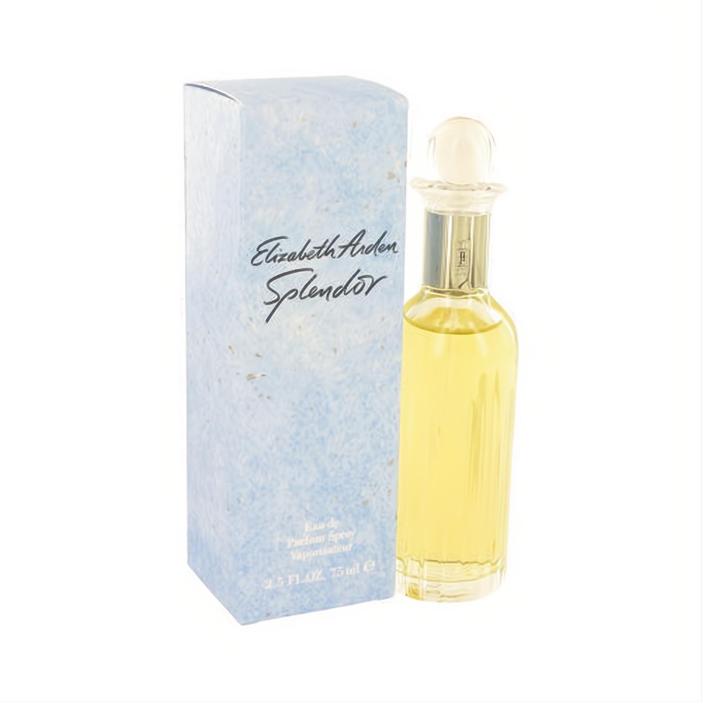 Elizabeth Arden Splendor 2.5 oz EDP: elegant clear bottle with golden liquid, next to its serene blue textured box.