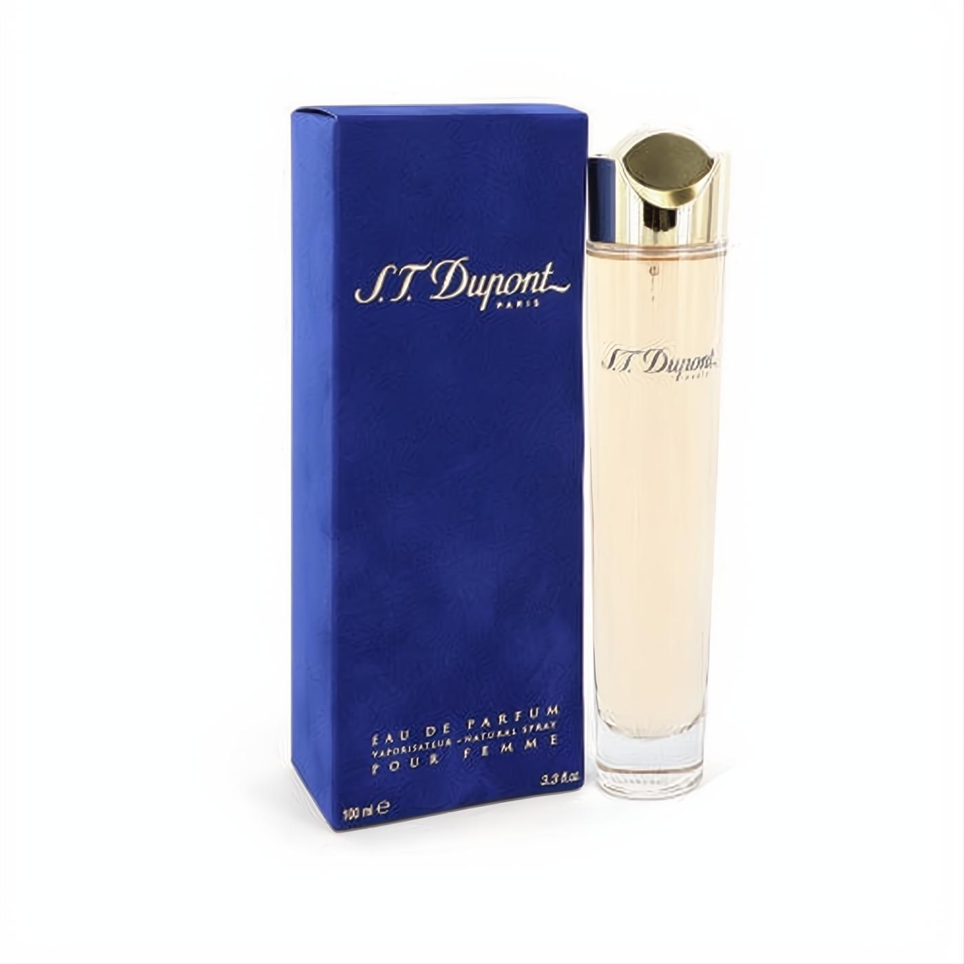 Elegant ST Dupont Eau De Parfum 3.3 oz spray in a clear glass bottle with a gold cap, beside its luxurious dark blue box.