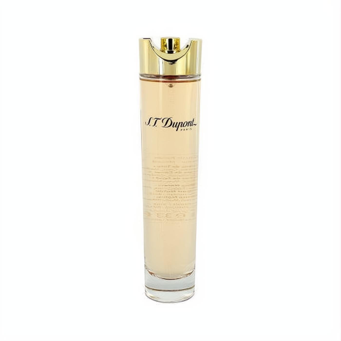 ST Dupont 3.3 oz Eau De Parfum tester. Elegant clear glass bottle with warm amber liquid and a sleek gold cap.