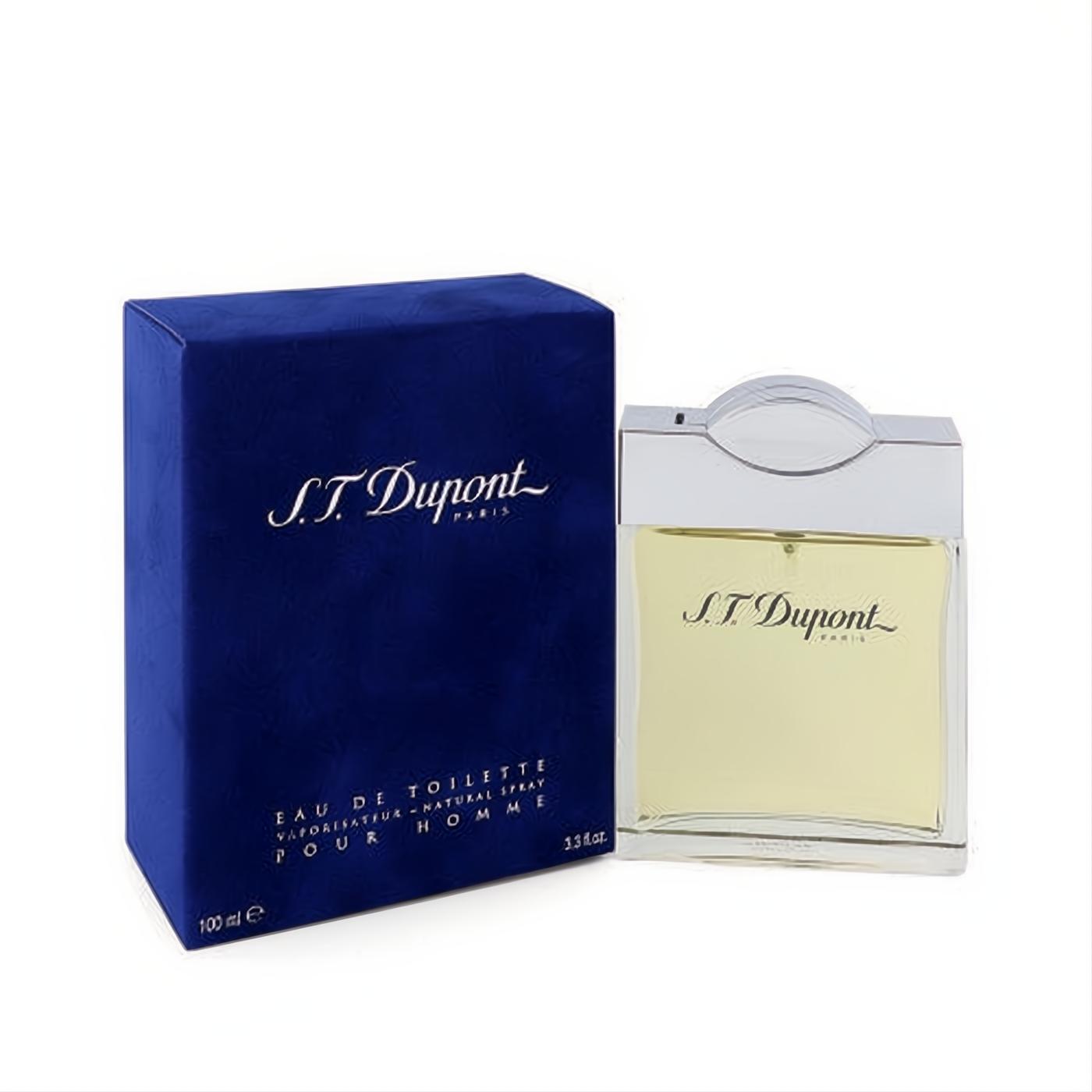 Experience ST Dupont men's 3.4 oz EDT. Sleek clear glass bottle, unique silver cap, and elegant royal blue box.