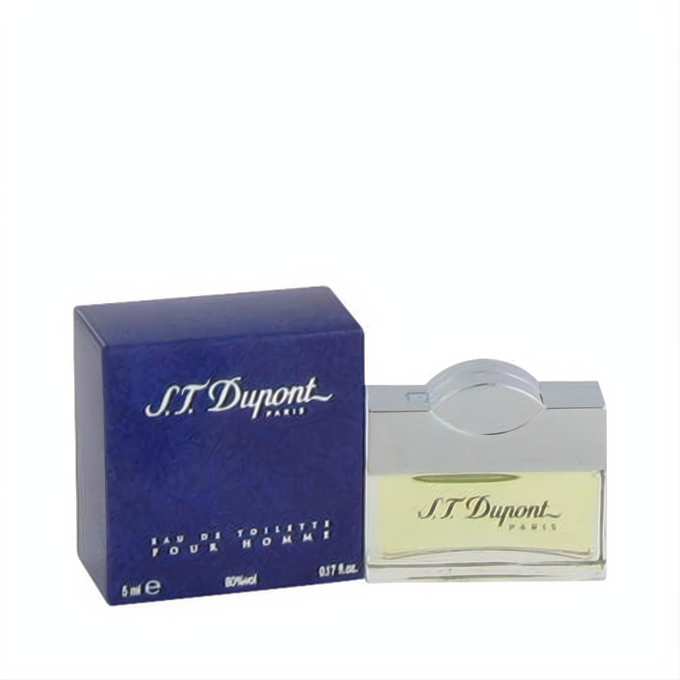 ST Dupont mini cologne for men, 0.17 oz. Elegant clear glass bottle with silver cap, light yellow liquid, and dark blue branded box.