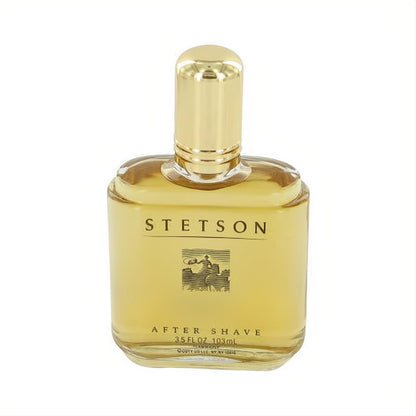 Refined Stetson After Shave, 3.5 oz, in a clear glass bottle with rich yellow liquid and a gleaming gold cap.
