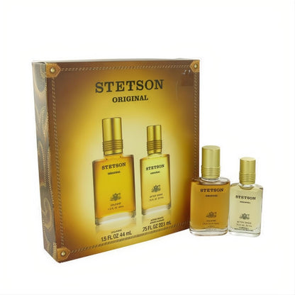 Stetson Original men's gift set: 1.5 oz cologne & .75 oz after shave. Amber bottles, gold caps, classic brown textured box.