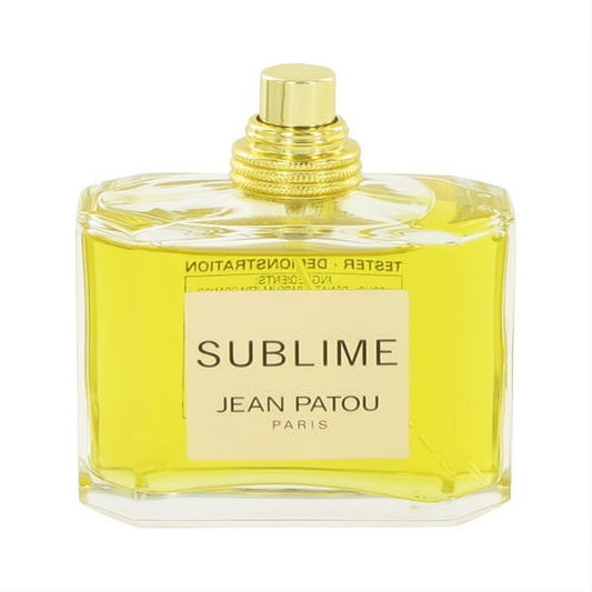 SUBLIME by Jean Patou 2.5 oz tester EDP spray. Clear glass bottle, radiant yellow fragrance, elegant gold cap, and iconic label.