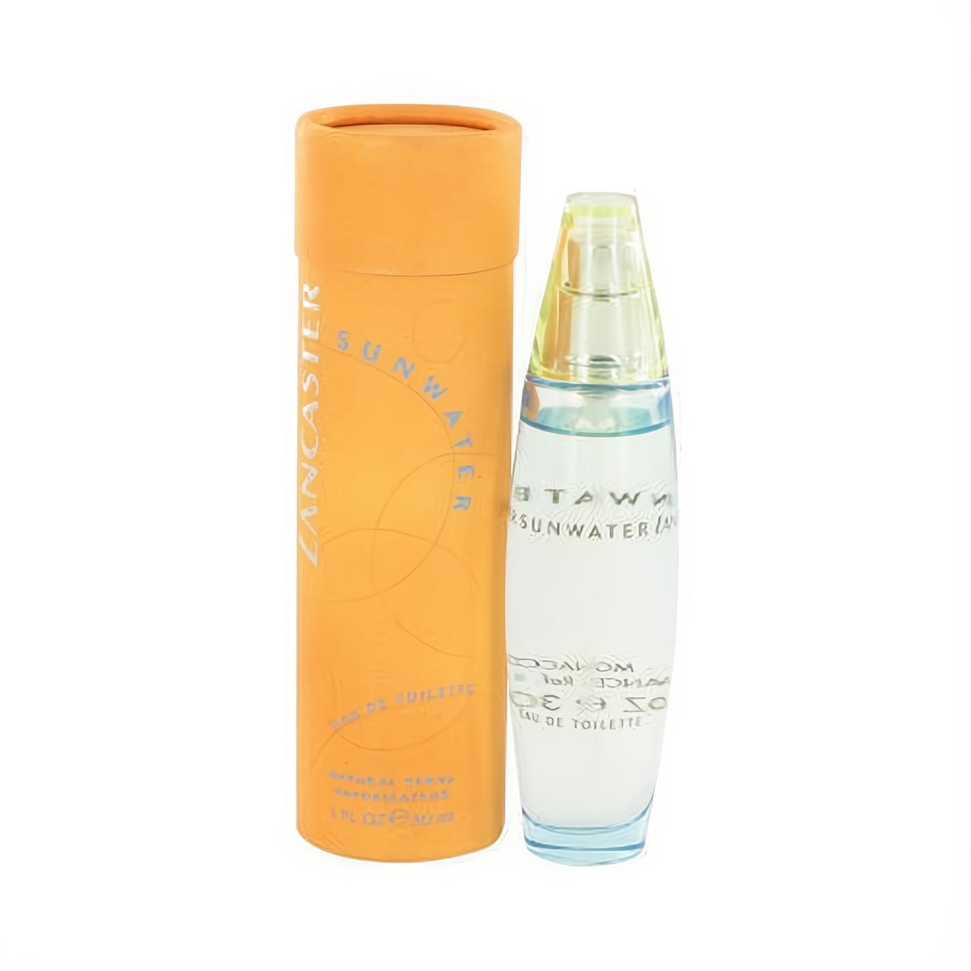 Lancaster Sunwater 1 oz EDT spray: sleek clear bottle with refreshing blue liquid, paired with a vibrant orange box.