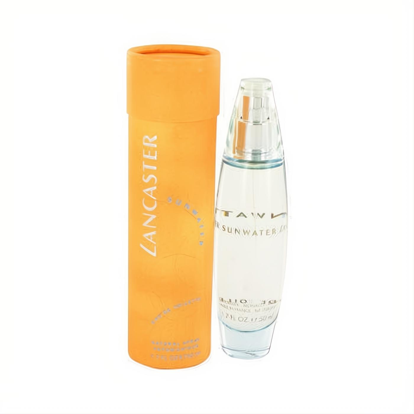 Lancaster Sunwater 1.7 oz Eau De Toilette. Vibrant orange box and sleek clear bottle with refreshing aquatic blue fragrance.