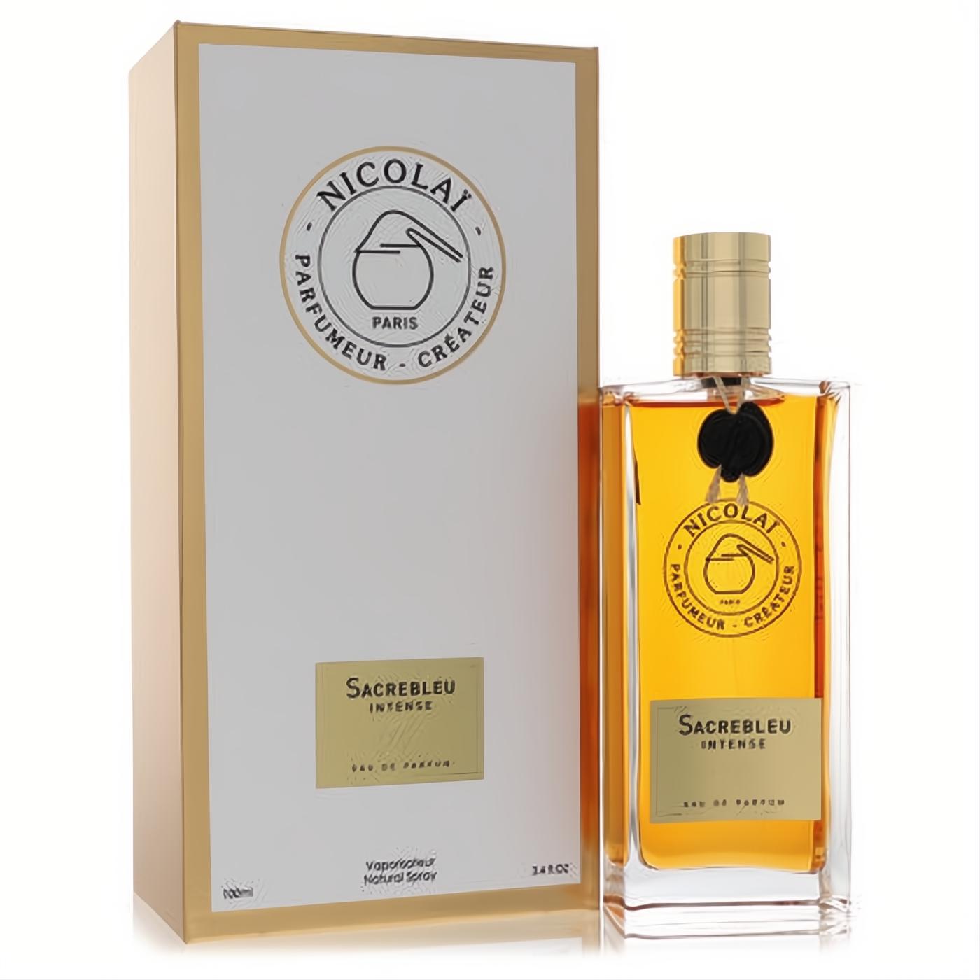 Sacrebleu Intense by Nicolai 3.4 oz EDP. Elegant clear glass bottle with golden fragrance, gold cap, and sophisticated white & gold box.
