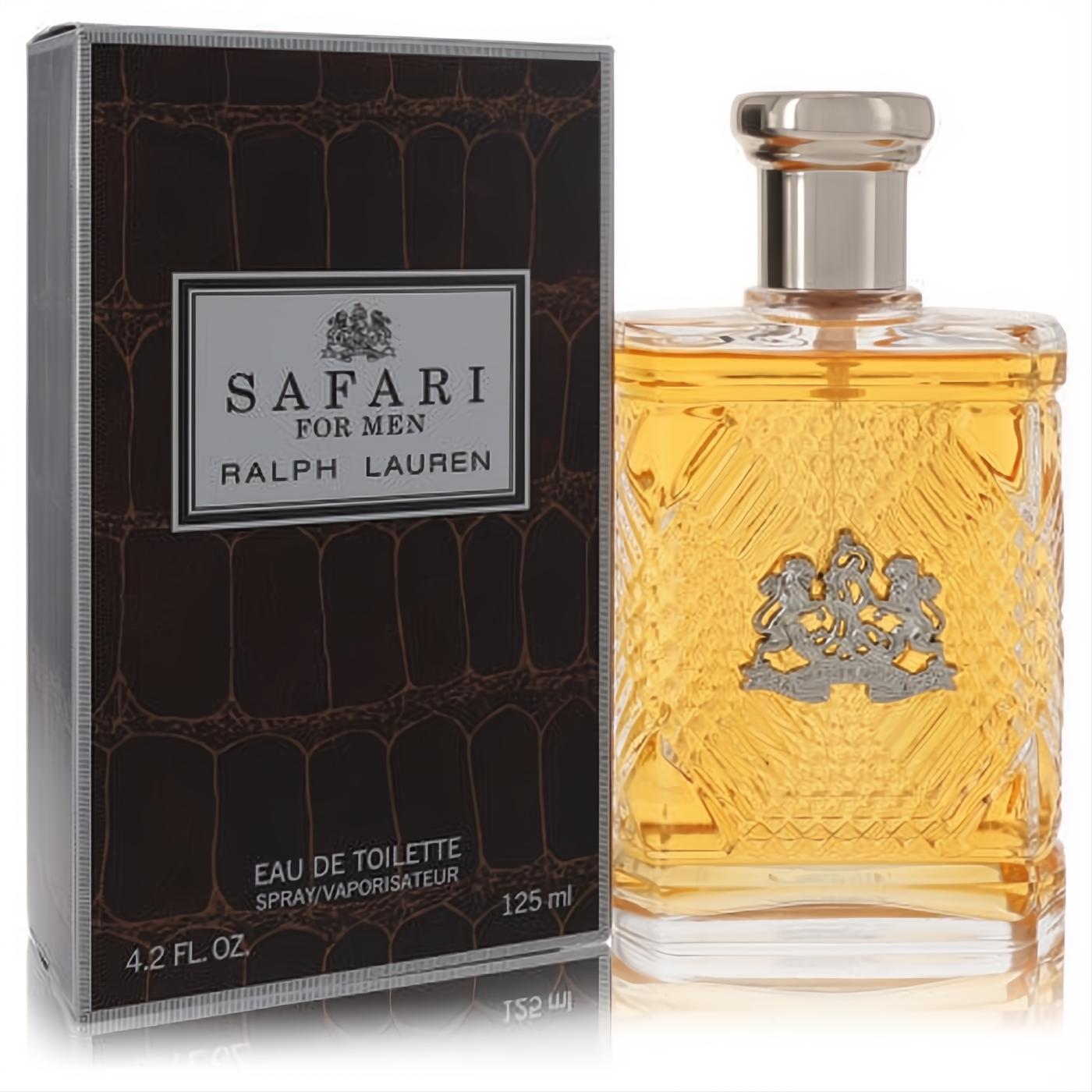 Safari by Ralph Lauren 4.2 oz EDT for men. Amber liquid in a textured glass bottle with a silver crest and cap, presented in a luxurious dark brown crocodile-patterned box.