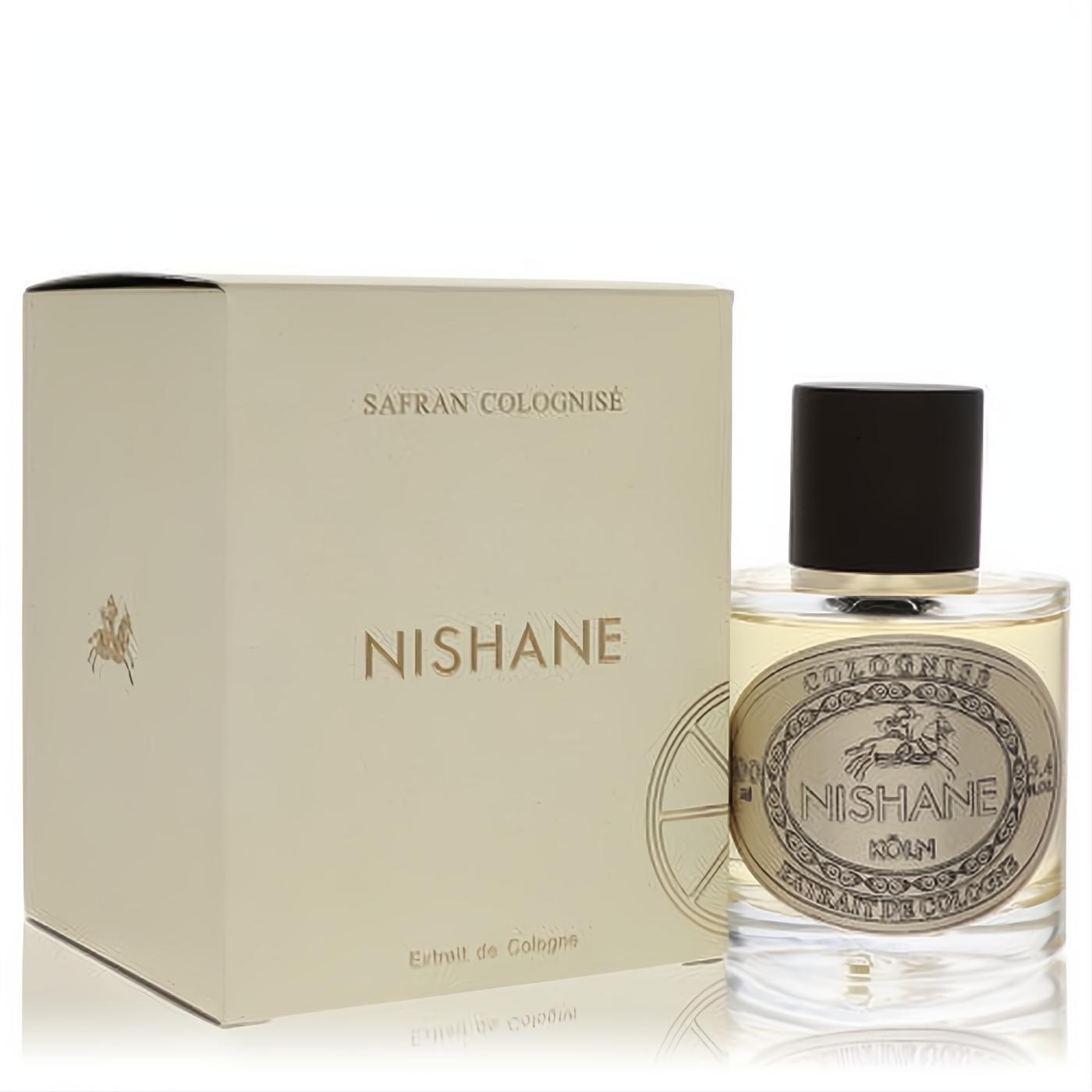 Nishane Safran Colognise unisex fragrance. Luxurious cream box with citrus design, clear bottle, and ornate gold label.