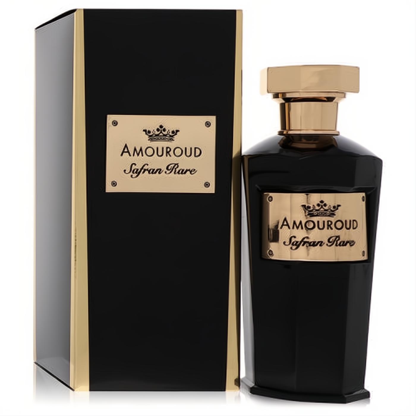 Amouroud Safran Rare 3.4 oz unisex EDP in a sleek black bottle with a gold cap and label, displayed with its matching luxury box.