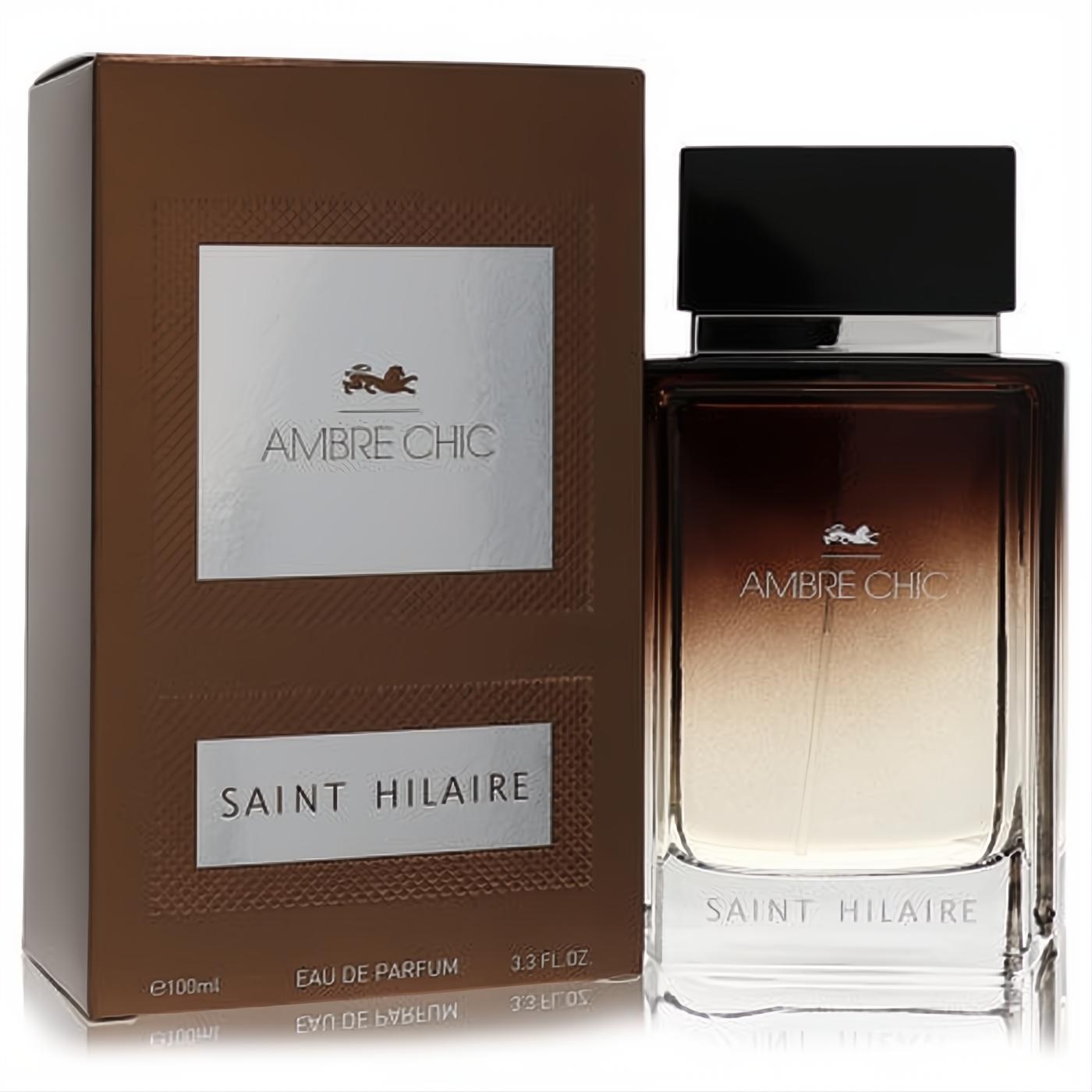 Saint Hilaire Ambre Chic 3.3 oz Eau De Parfum. Distinctive amber-fade glass bottle with sleek black cap and textured brown box.
