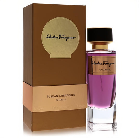 Luxurious Salvatore Ferragamo Calimala 3.3 oz Eau De Parfum spray. Features a vibrant purple glass bottle with gold accents and a sophisticated brown box.