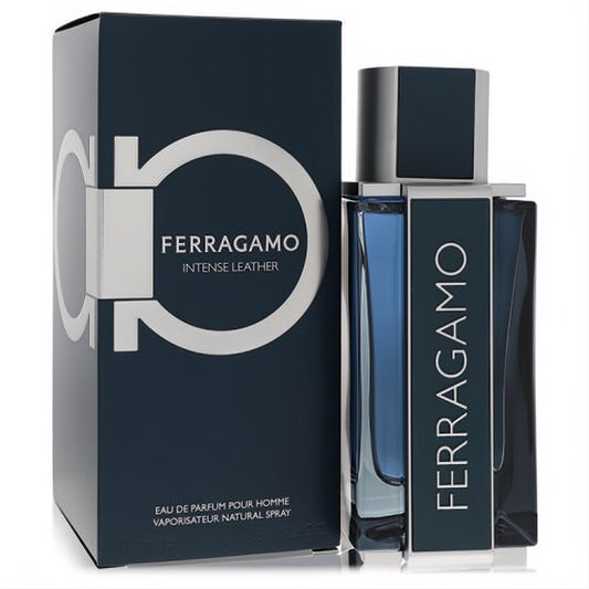 Experience Salvatore Ferragamo Intense Leather EDP. Elegant dark blue bottle with silver accents and matching Gancini logo box.