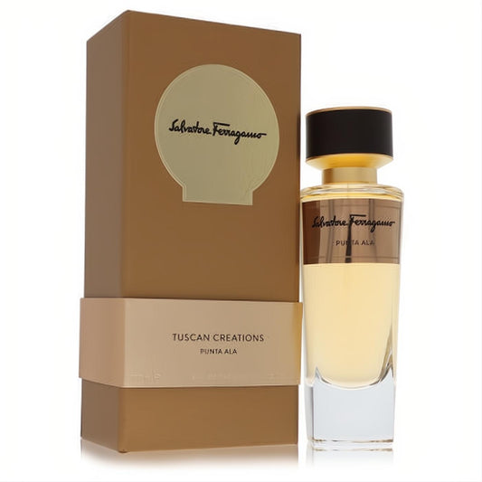 Salvatore Ferragamo Punta Ala 3.4 oz unisex EDP. Elegant clear bottle with gold liquid, black cap, and sophisticated tan box with gold branding.