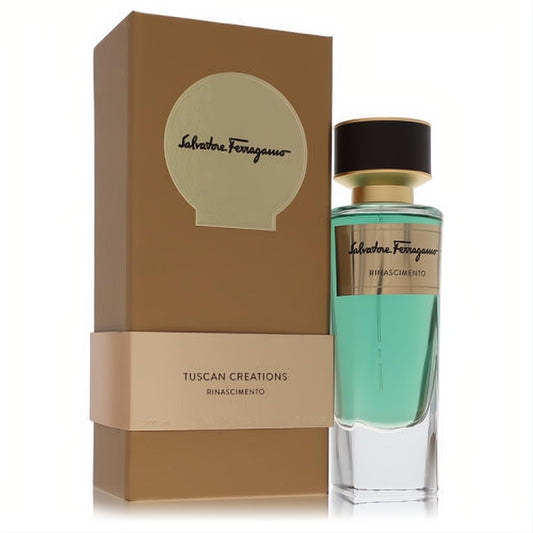 Salvatore Ferragamo Rinascimento unisex EDP. Clear bottle with vibrant teal liquid, gold accents, and elegant tan box.