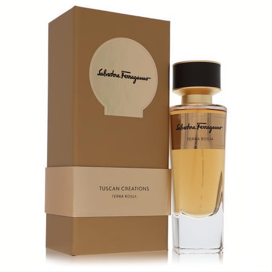Salvatore Ferragamo Terra Rossa 3.4 oz unisex EDP. Elegant amber bottle, black cap, and luxurious terracotta box.