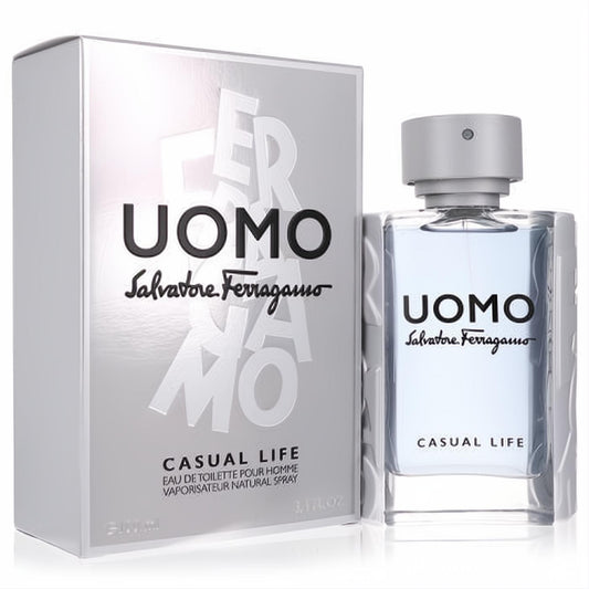 Salvatore Ferragamo Uomo Casual Life 3.4 oz EDT. Sleek silver box and clear bottle with invigorating light blue men's fragrance.