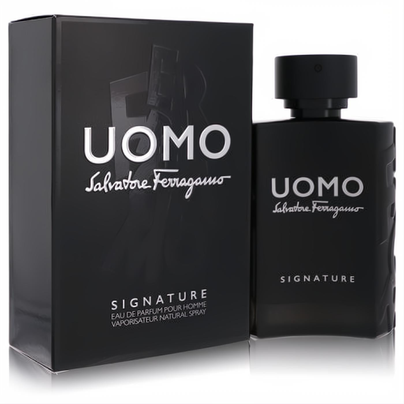 Sophisticated matte black Salvatore Ferragamo Uomo Signature men's EDP 3.4 oz spray bottle and matching box with silver lettering.