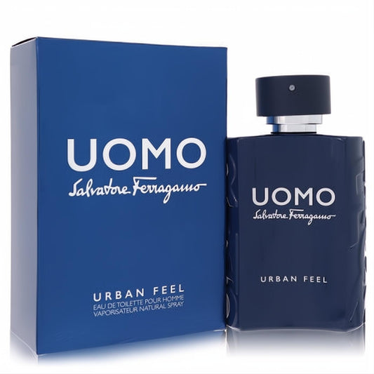 Modern blue Salvatore Ferragamo Uomo Urban Feel men's Eau De Toilette spray bottle, silver accents, and matching box.