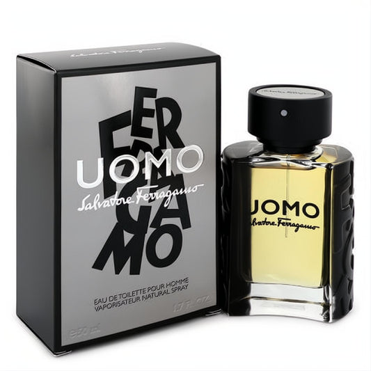 Salvatore Ferragamo Uomo 1.7 oz EDT: a masculine clear glass bottle with black cap, beside its elegant black and silver box.