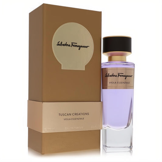 Sophisticated Salvatore Ferragamo Viola Essenziale 3.4 oz unisex EDP spray, featuring a purple liquid bottle and elegant gold box.