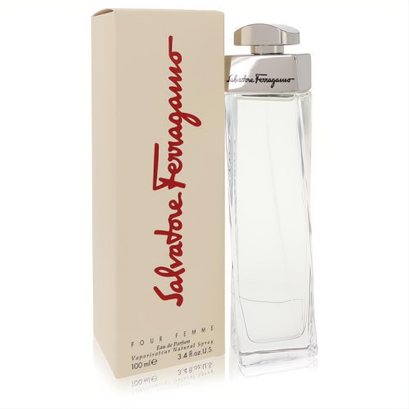 Salvatore Ferragamo 3.4 oz women's Eau De Parfum in a sleek clear glass bottle with silver cap and elegant beige box.