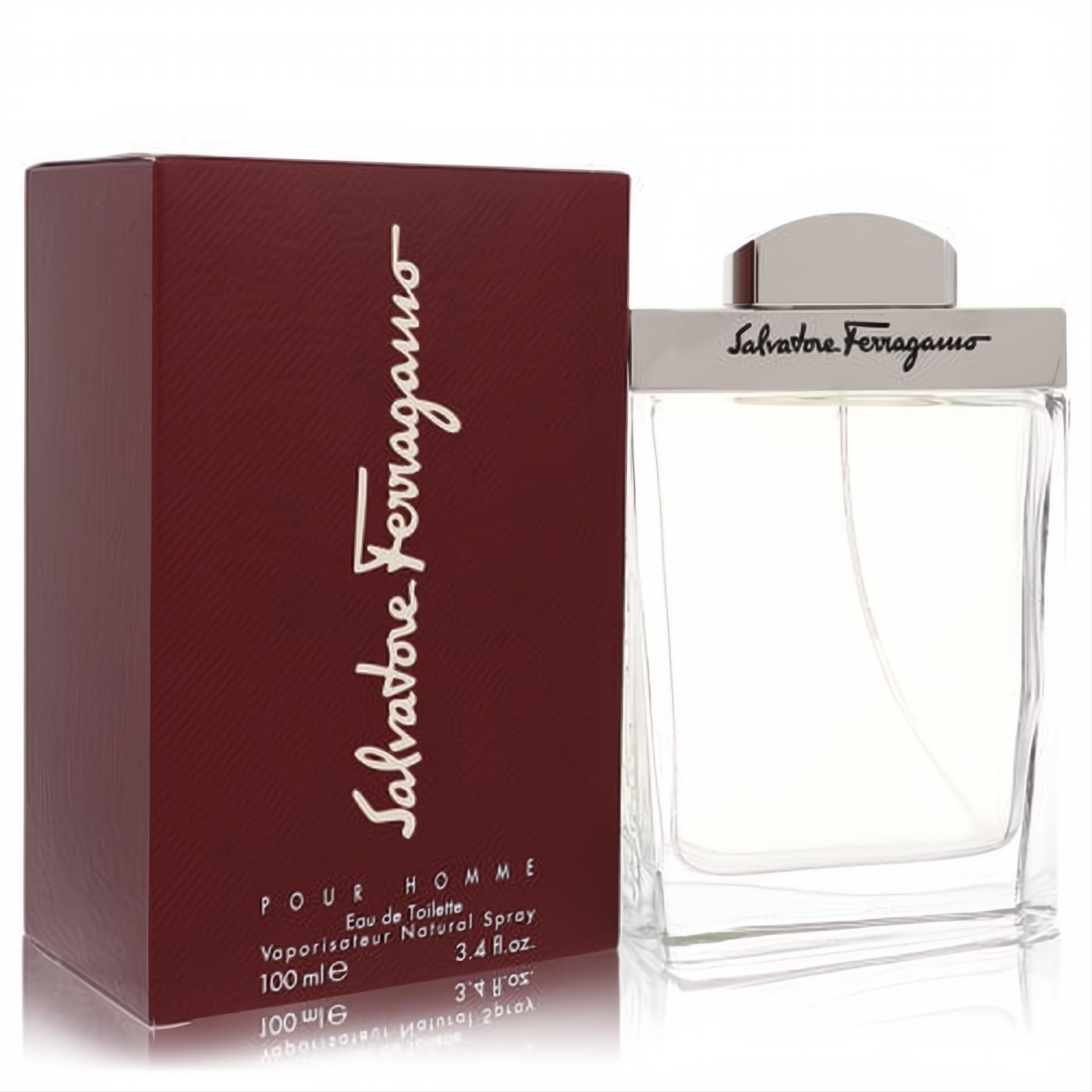 Salvatore Ferragamo men's 3.4 oz EDT: sleek clear glass bottle with silver cap, next to its elegant burgundy box.