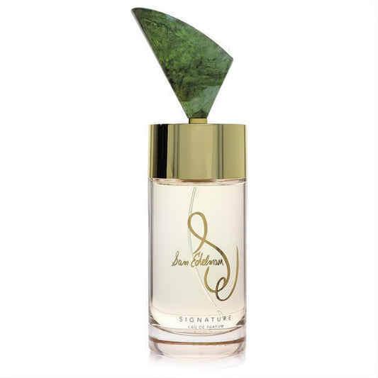 Discover Sam Edelman Signature EDP. Clear glass bottle, gold script, and a striking green marbled cap. Sophisticated women's perfume.