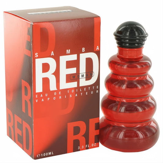 Experience Samba Red women's Eau De Toilette, 3.3 fl. oz. Unique stacked red glass bottle with black cap, next to its bold red box.