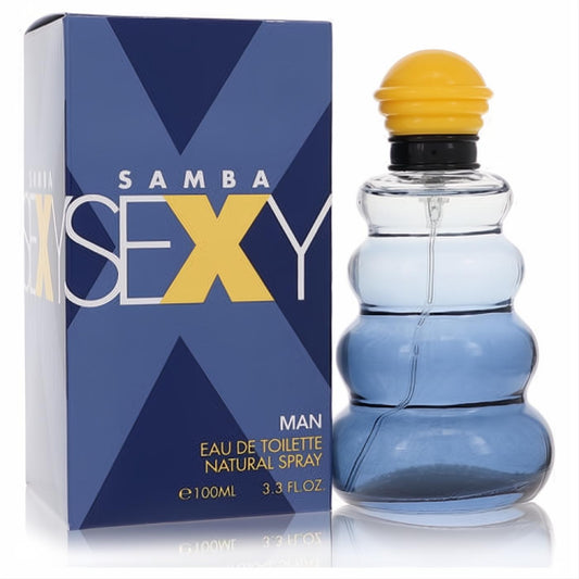 Vibrant Samba Sexy men's cologne. Features a unique tiered blue glass bottle with a yellow cap, presented in a bold blue and yellow box.
