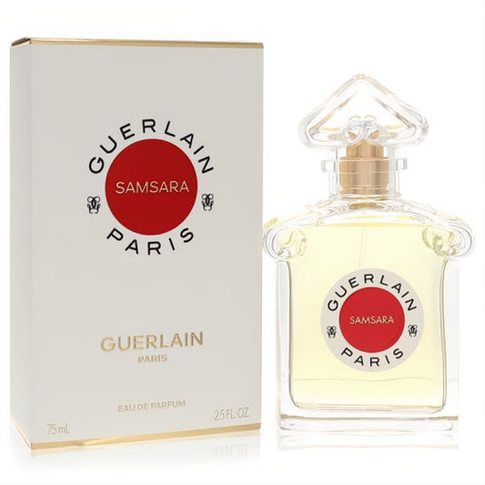 Guerlain Samsara 2.5 oz Eau De Parfum spray. Golden liquid in a clear glass bottle with a distinctive pagoda cap and matching white box.