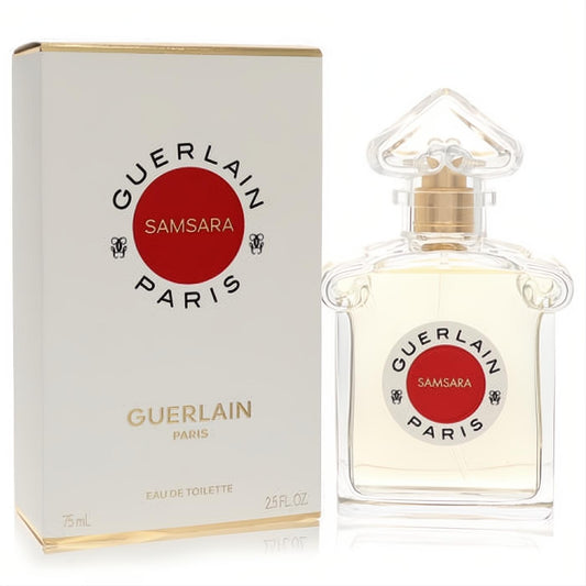Samsara by Guerlain 2.5 oz EDT spray. Elegant clear glass bottle with gold accents, vibrant red label, and matching white box.