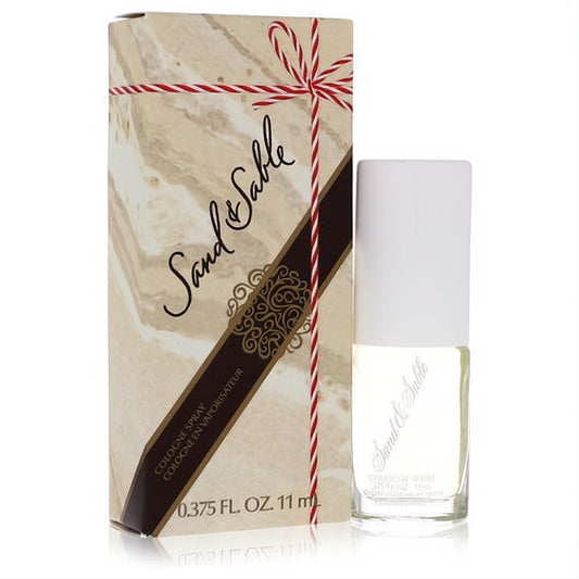 Sand & Sable by Coty .375 oz women's cologne spray. Clear bottle, white cap, and elegant beige marble box with red ribbon.