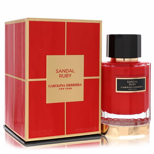 Luxurious Carolina Herrera Sandal Ruby 3.4 oz EDP. Bold red rectangular bottle with gold accents and matching elegant box.
